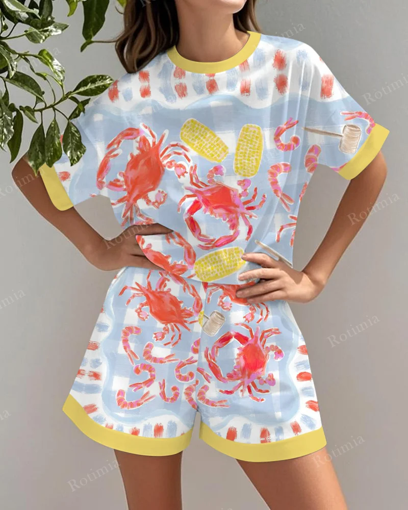 Printed Linen Set with Crab and Ice Cream Designs