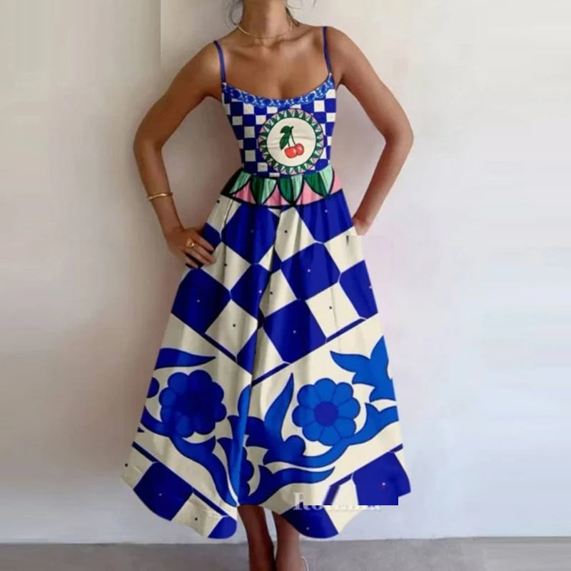 Blue Rombus Patterned Strap Dress