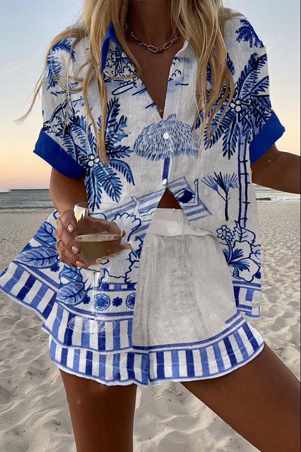 Short Printed Linen Set with Palms