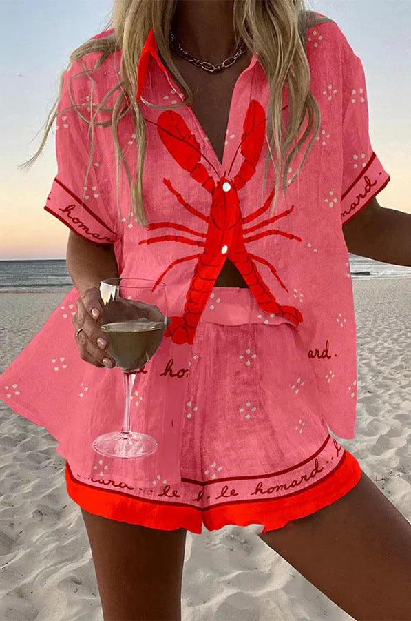 Pink Lobster Short Linen Set
