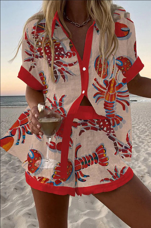 Short Linen Set with Lobster Print