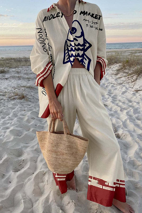 Blue Fish Printed Linen Set
