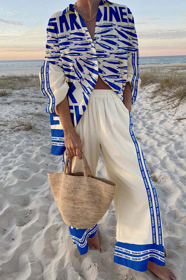 Blue Sardine Printed Linen Set