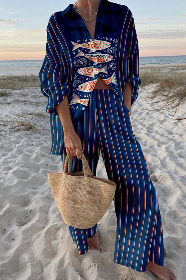 Blue Koi Patterned Linen Set