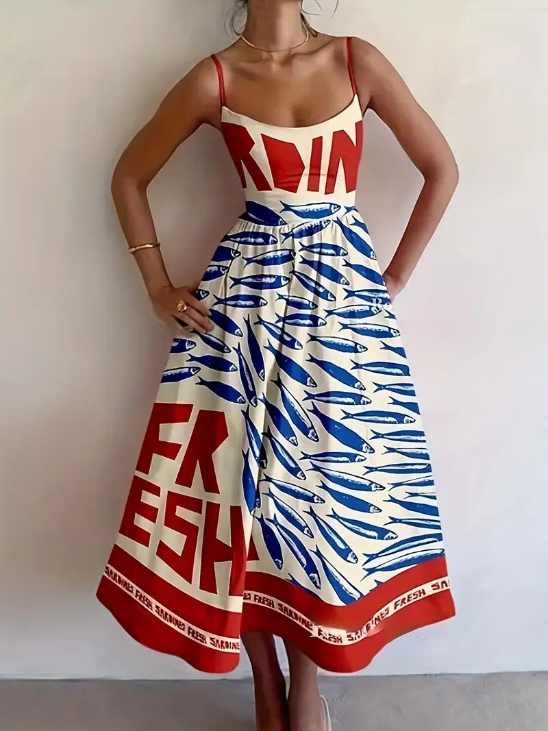 Red and blue printed spaghetti strap dress