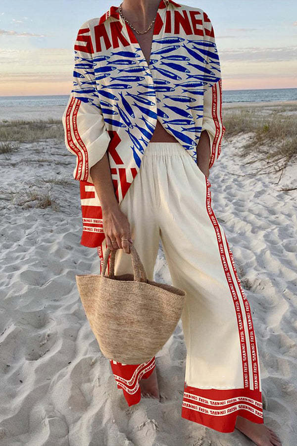 Printed Linen Set with Sardine Bank Design