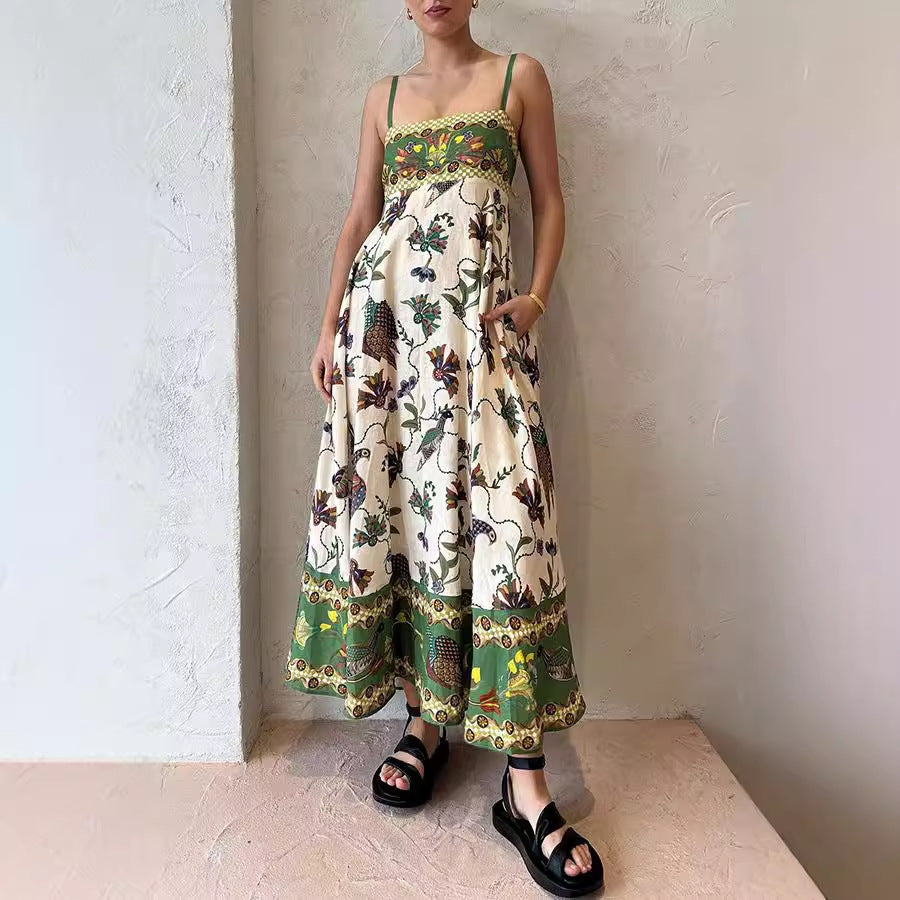 Floral and Bird Pattern Spaghetti Strap Dress