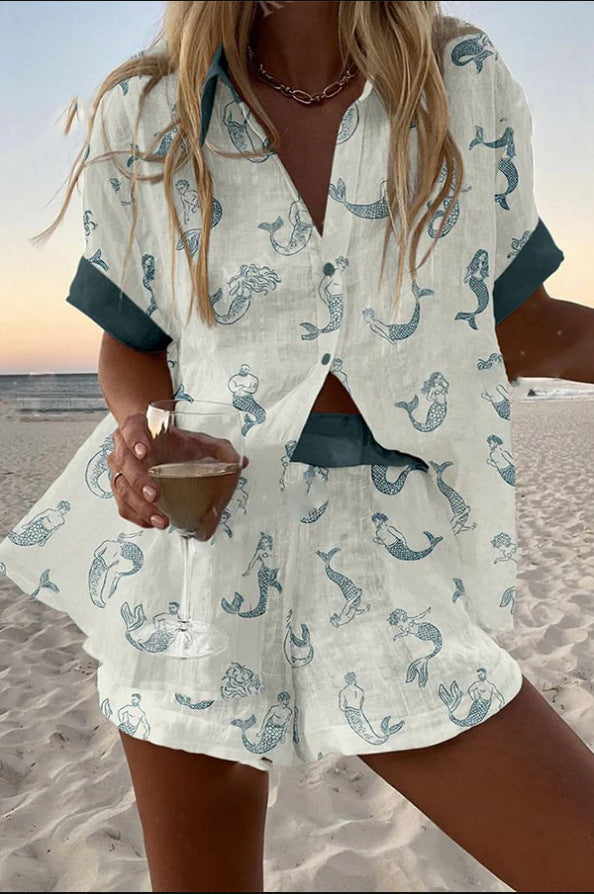 Short Linen Set with Mermaid Prints