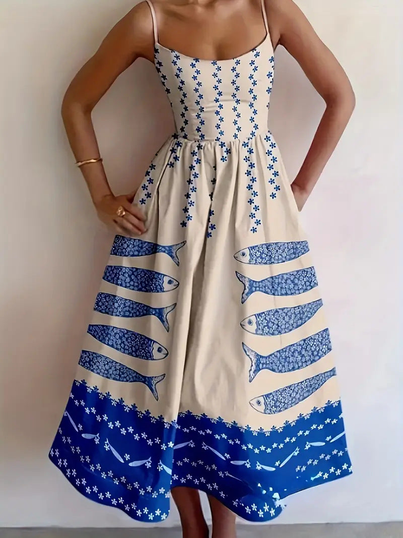 Blue Sardine Pattern Spaghetti Strap Dress