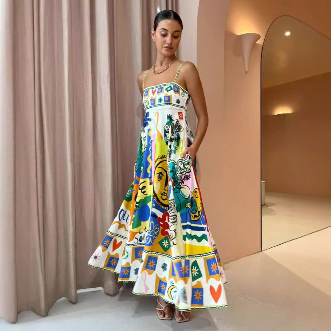 Sun and Moon Pattern Spaghetti Strap Dress