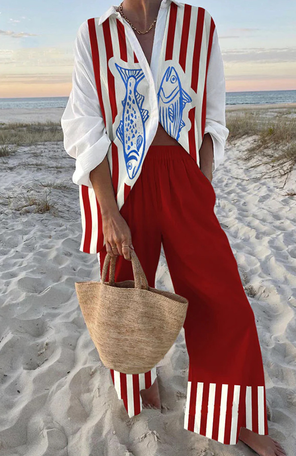 Red and Blue Fish Patterned Linen Set