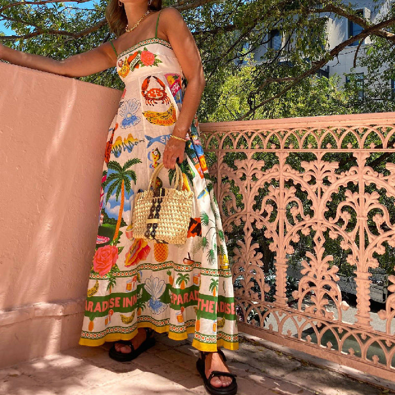 Strap Dress with Beach Print