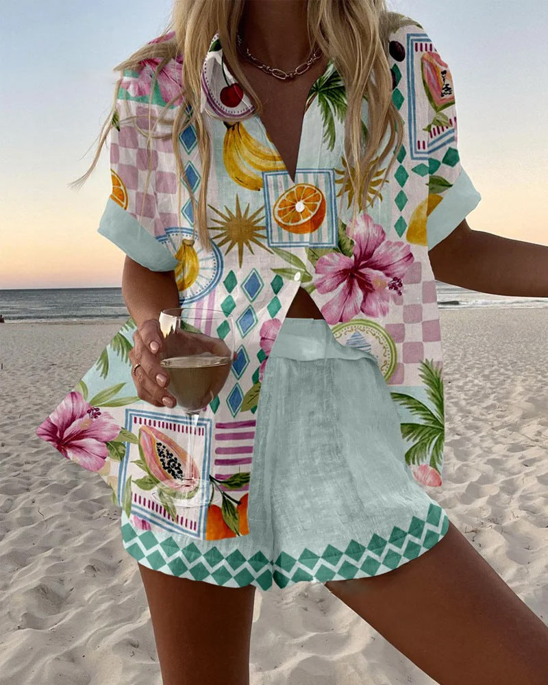 Short Linen Set with Fruit Print