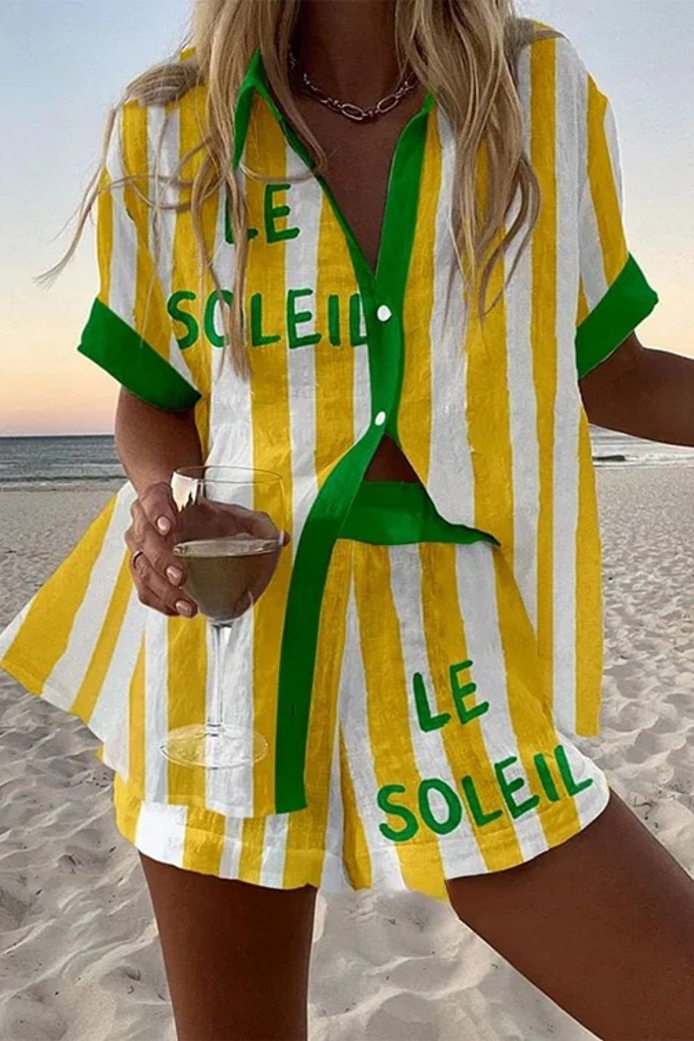 Yellow Striped Short Linen Set