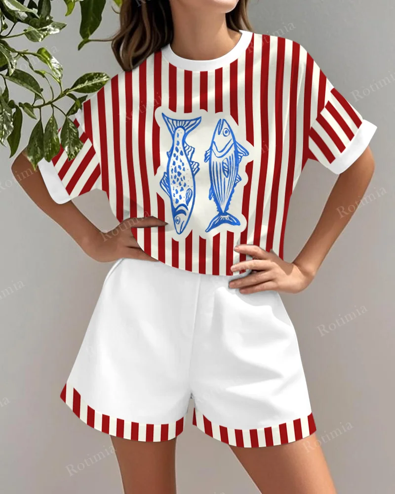 Red and Blue Printed Linen Set